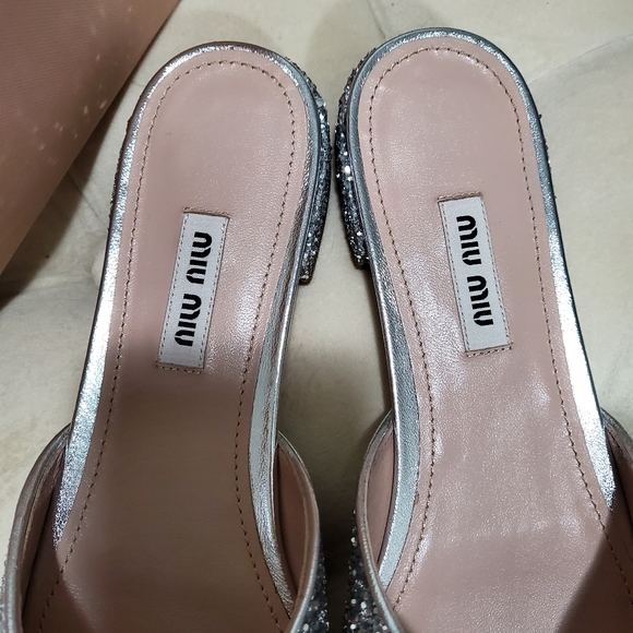 Miu Miu Calzature Donna Crystals Silver Glitter Pointed Mules Size 38 - Picture 3 of 9